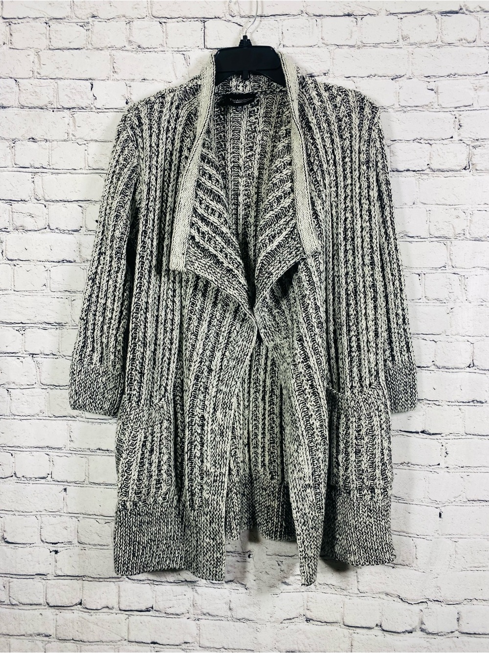 Thakoon for Designation XS Marled Knit Cardigan Sweater Open Front Black White